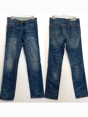 COHESIVE CO Mens Dark Wash Distressed Embroidered Button Fly Ripped Jeans 29x33